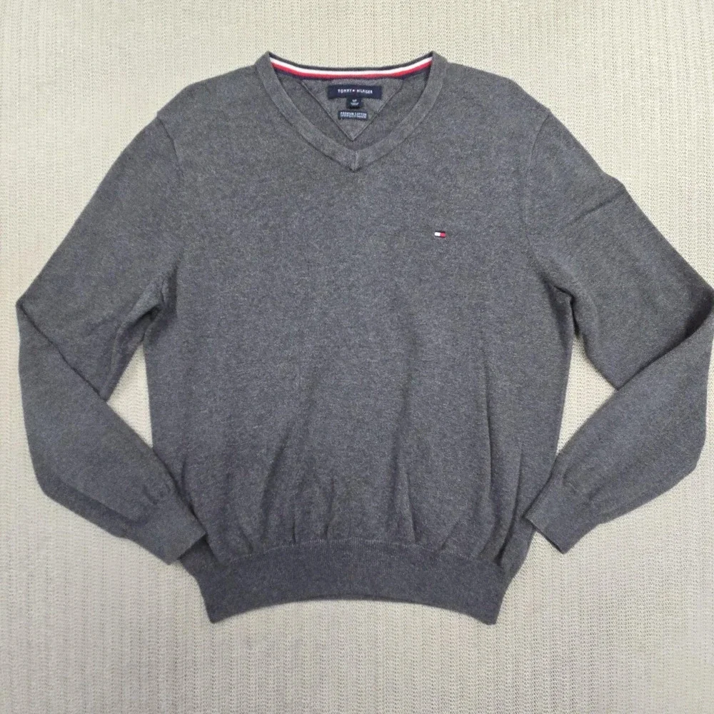 Tommy Hilfiger Sweater Mens Small Gray V Neck Logo Premium Cotton Knit Pullover
